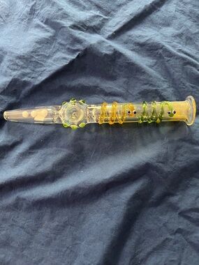 Handmade Clear Glass One-Hitter with Green & Amber Accents